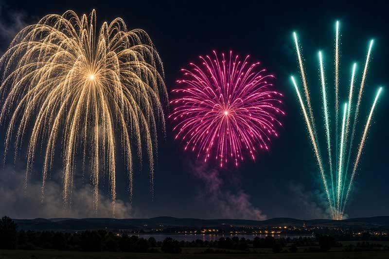 Illustrative gold willow, pink peony and teal comet firework effects against a dark sky.